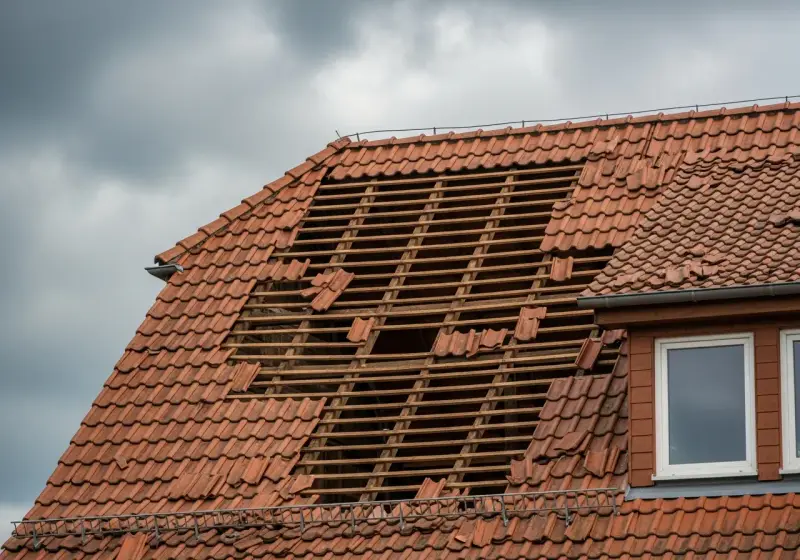 Steildach mit verrutschten und fehlenden Dachziegeln