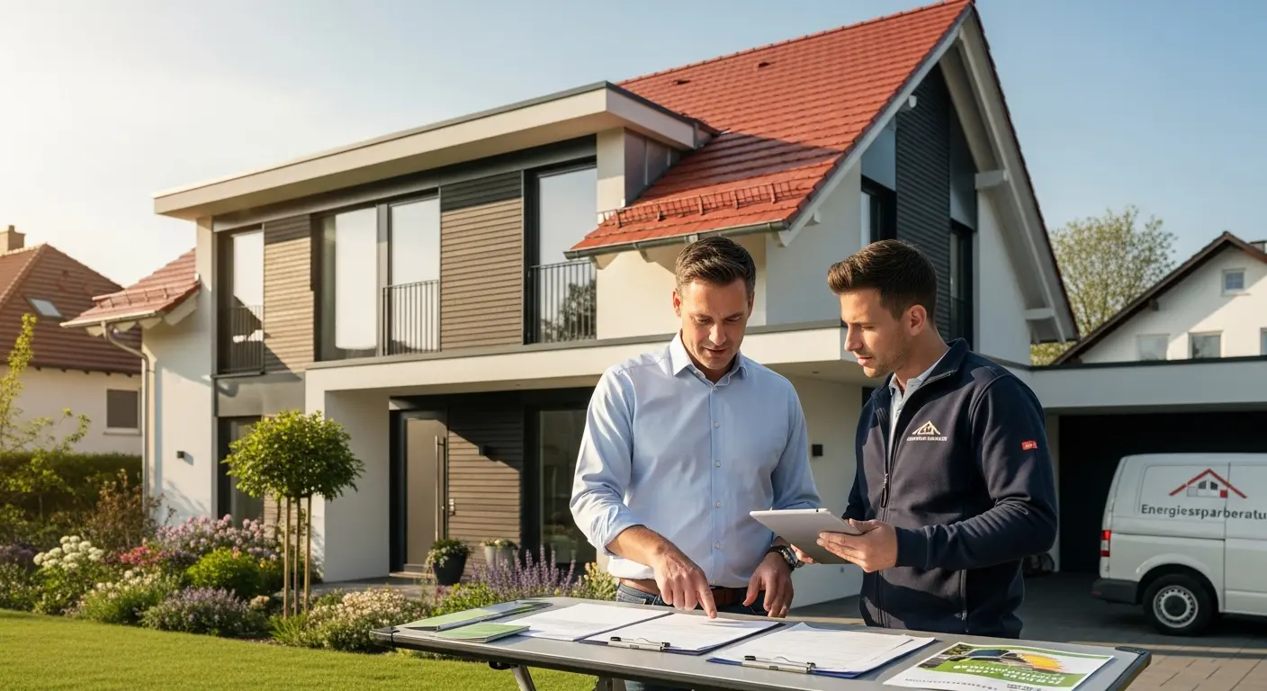 Dachdecker der 089Dach GmbH bespricht mit einem Hauseigentümer den nächsten Schritt