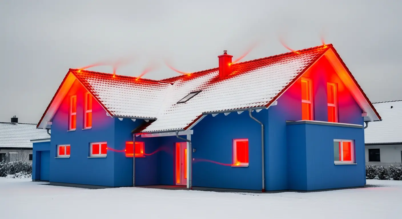 Wärmebild eines Hauses mit Wärmeverlust über das Dach