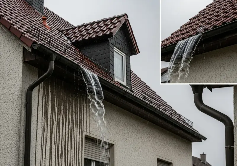 Überlaufende Dachrinne bei Regen